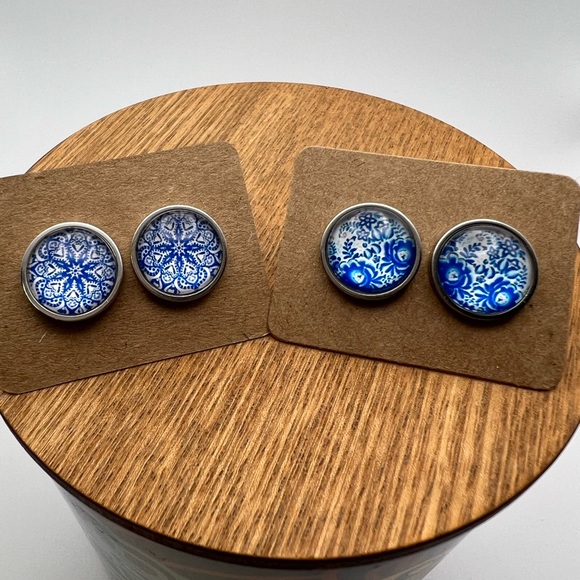 Classic Silver & Blue Stud Earrings - Stylish Blue Trendy Small Earrings - Picture 9 of 13